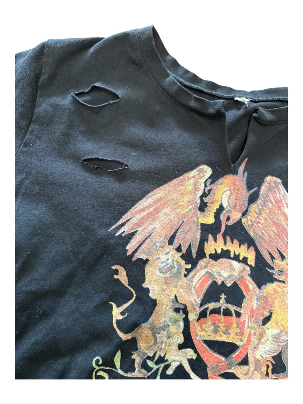 Queen Royal Crest Logo Women’s Black Ripped Grunge Band Tee Large - Picture 6 of 9